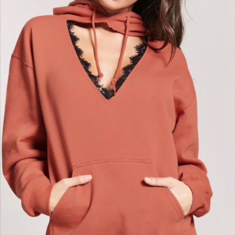 F21 Lace Trim V-Neck Oversized Hoodie